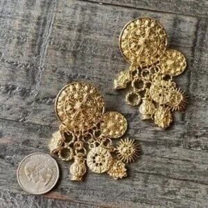 Large Memento Gold Coin Charm Statement Dangle Earrings